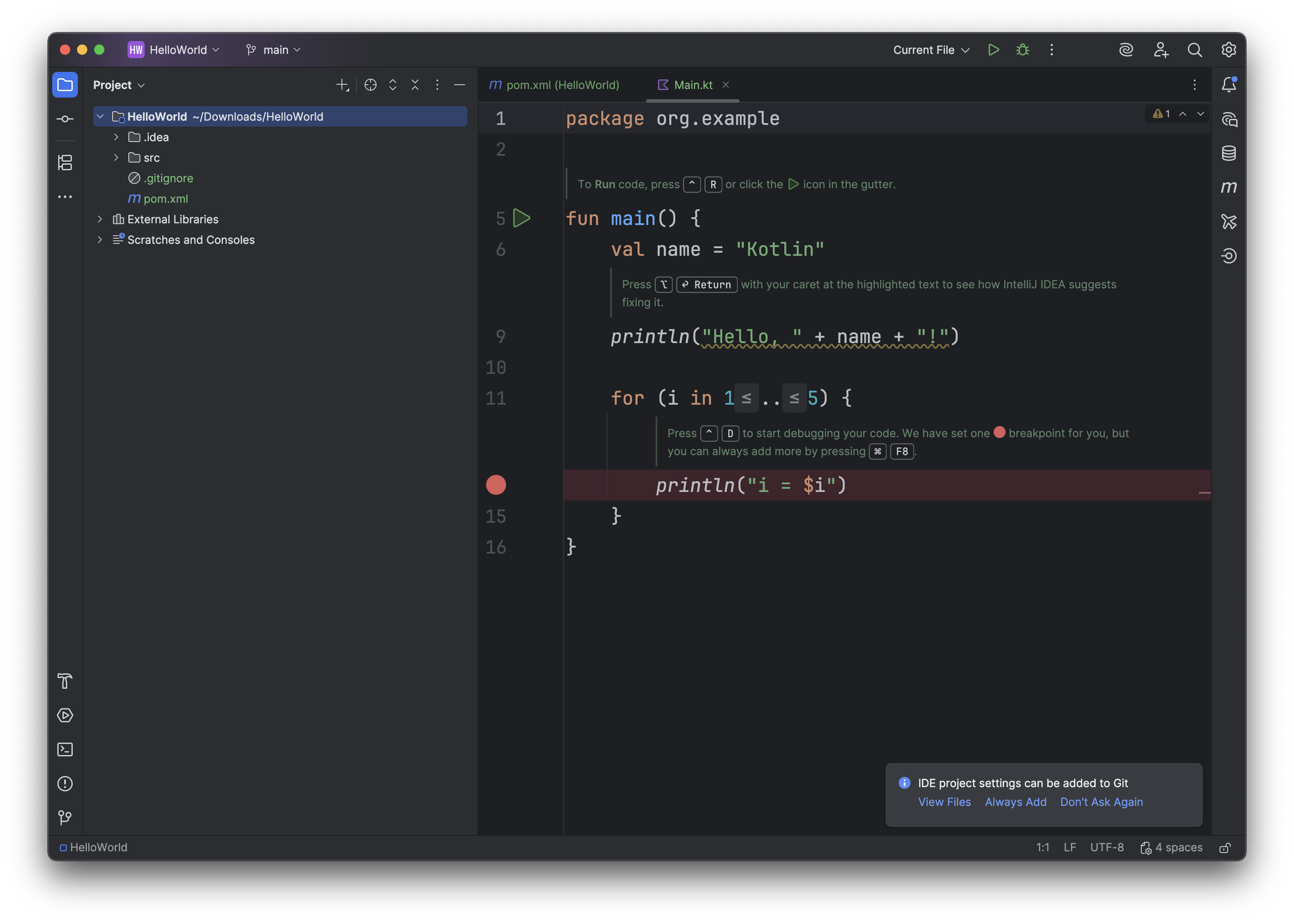 A screenshot of the IntelliJ IDE showing the default project code