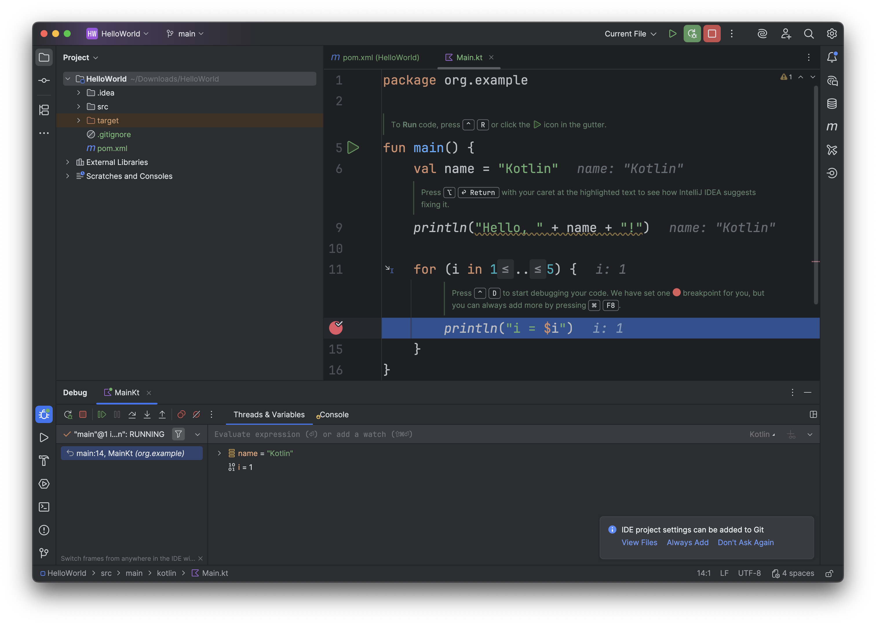 The IntelliJ debugger stopped a breakpoint