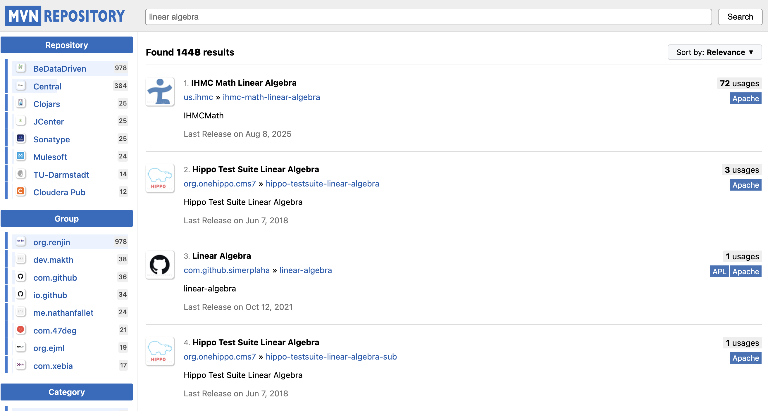 The search output from mvnrepository.com