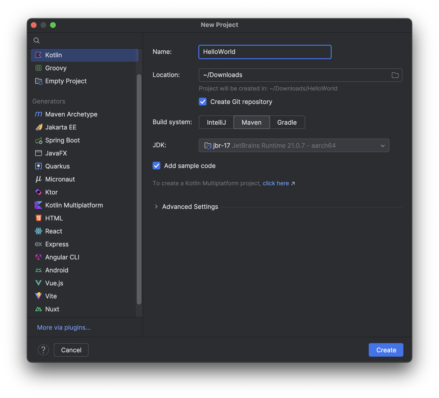 A screenshot of the IntelliJ IDE showing the selection of Kotlin as the programming language